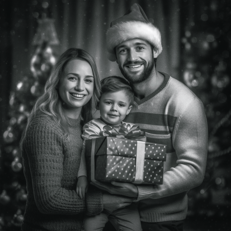 Famille réunie devant un sapin de noël avec cadeau de noël