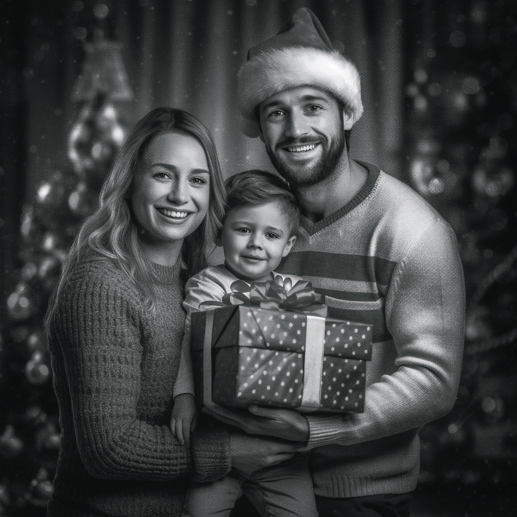 Famille réunie devant un sapin de noël avec cadeau de noël